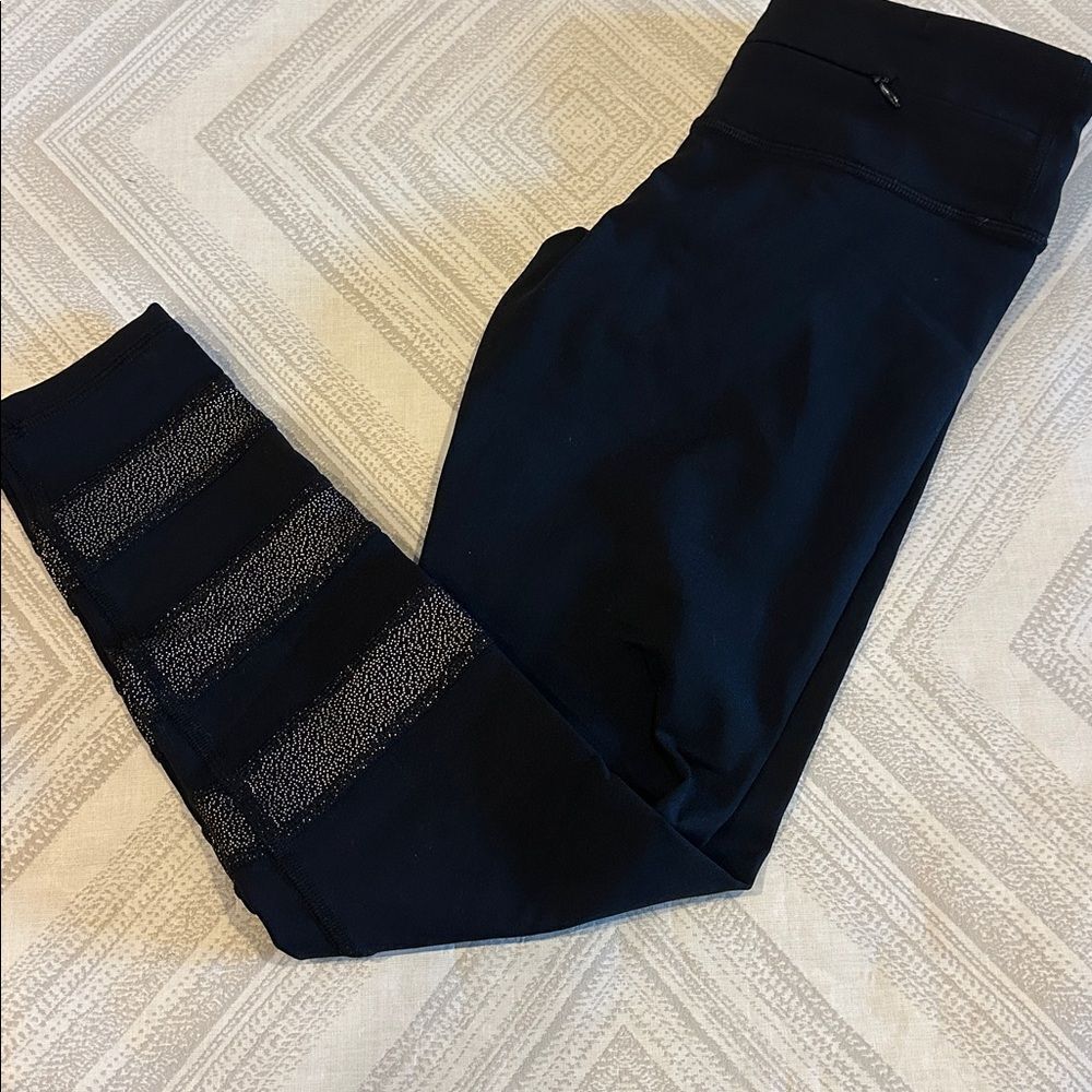 Nancy Rose Performance Thick Black Leggings Silver Accents + Zipper Front Pocket